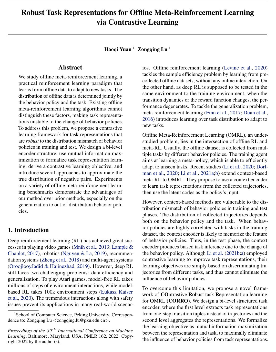 Robust Task Representations for Offline Meta-Reinforcement Learning via Contrastive Learning