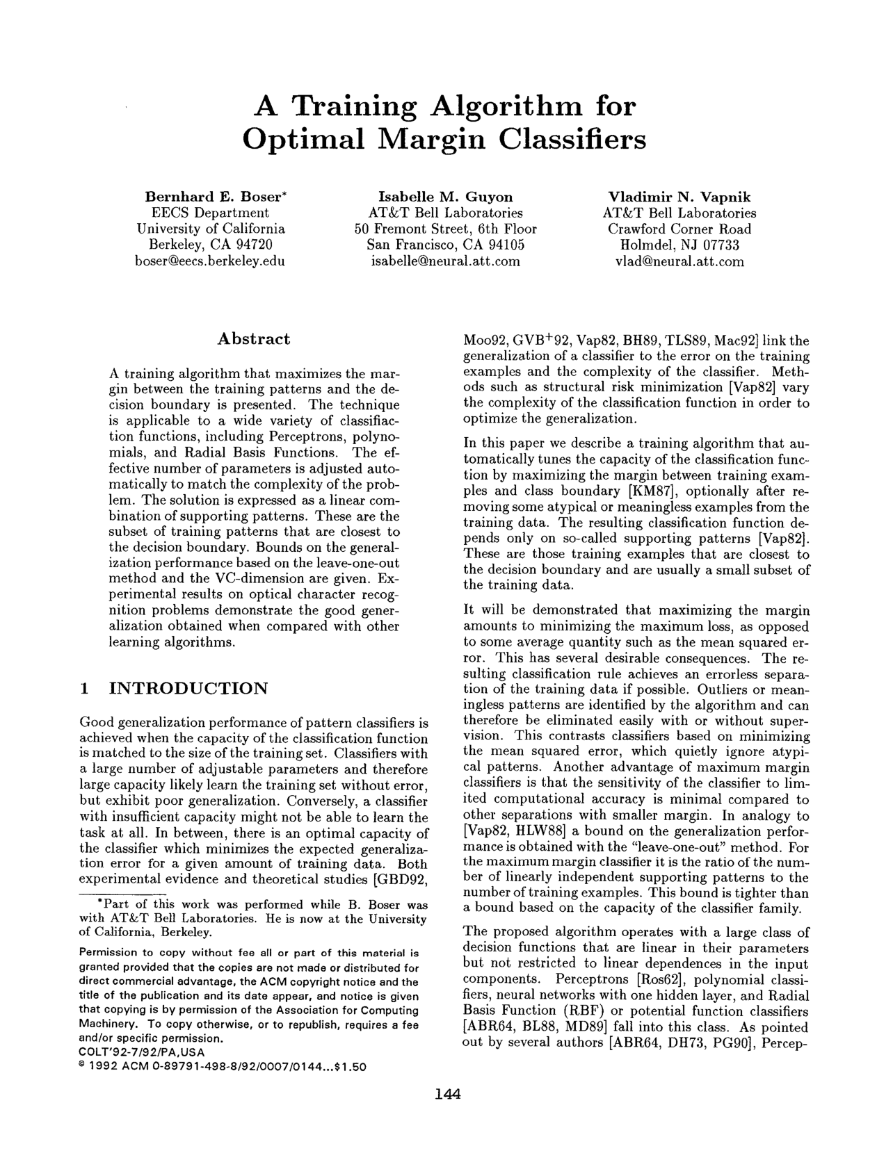 A training algorithm for optimal margin classifiers