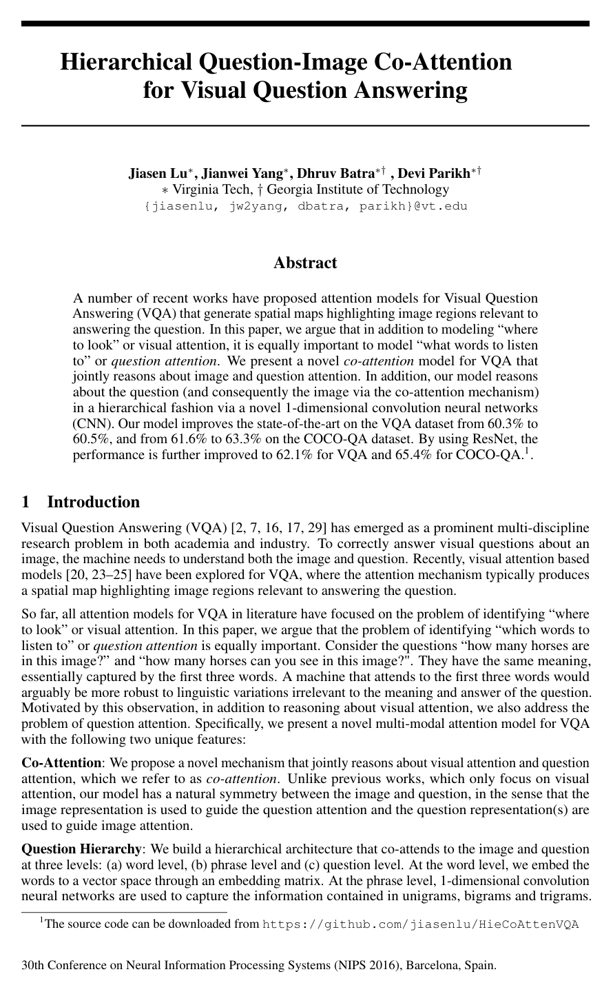 Cover for Hierarchical Question-Image Co-Attention for Visual Question Answering