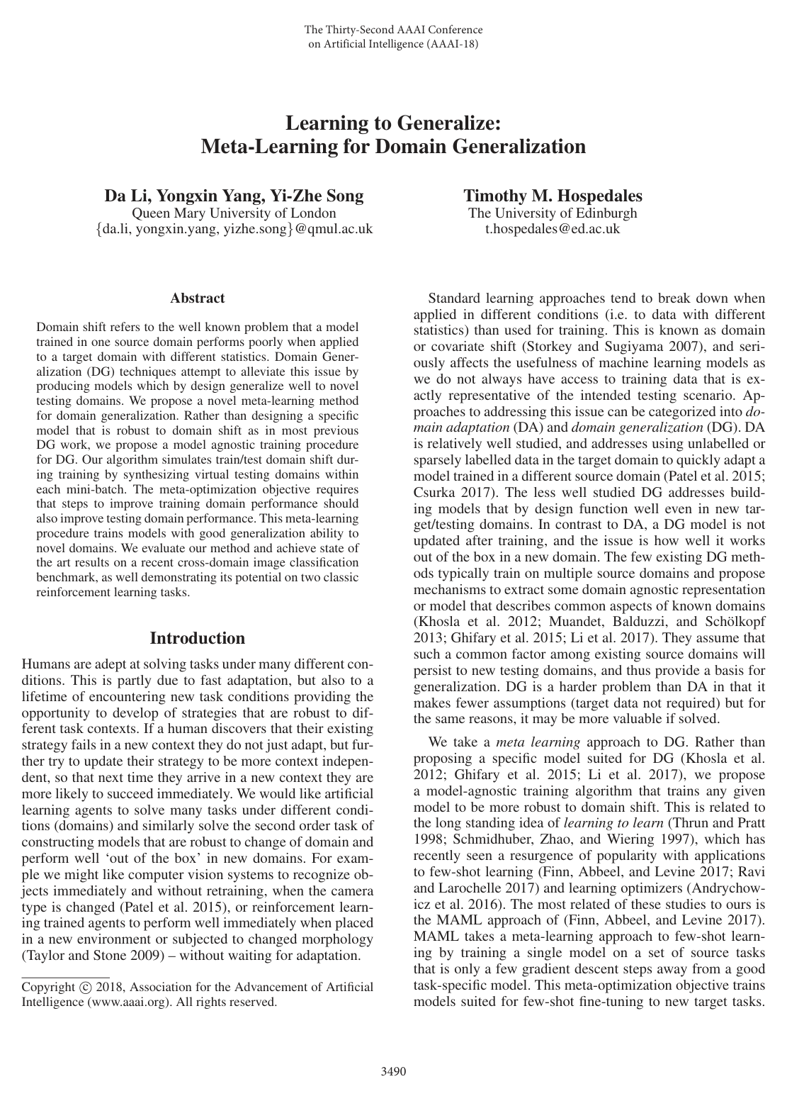 Learning to Generalize: Meta-Learning for Domain Generalization