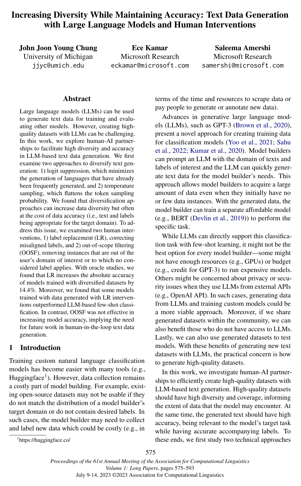 Cover for Increasing Diversity While Maintaining Accuracy: Text Data Generation with Large Language Models and Human Interventions