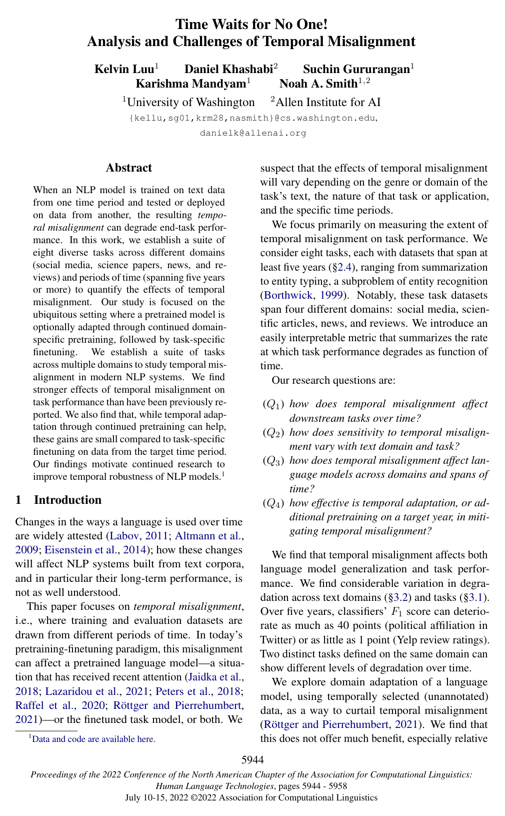 Cover for Time Waits for No One! Analysis and Challenges of Temporal Misalignment