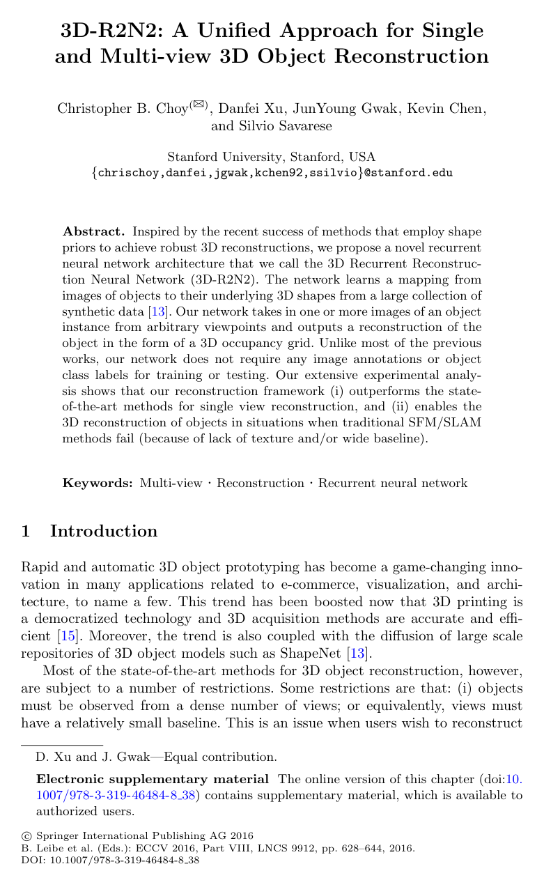 3D-R2N2: A Unified Approach for Single and Multi-view 3D Object Reconstruction
