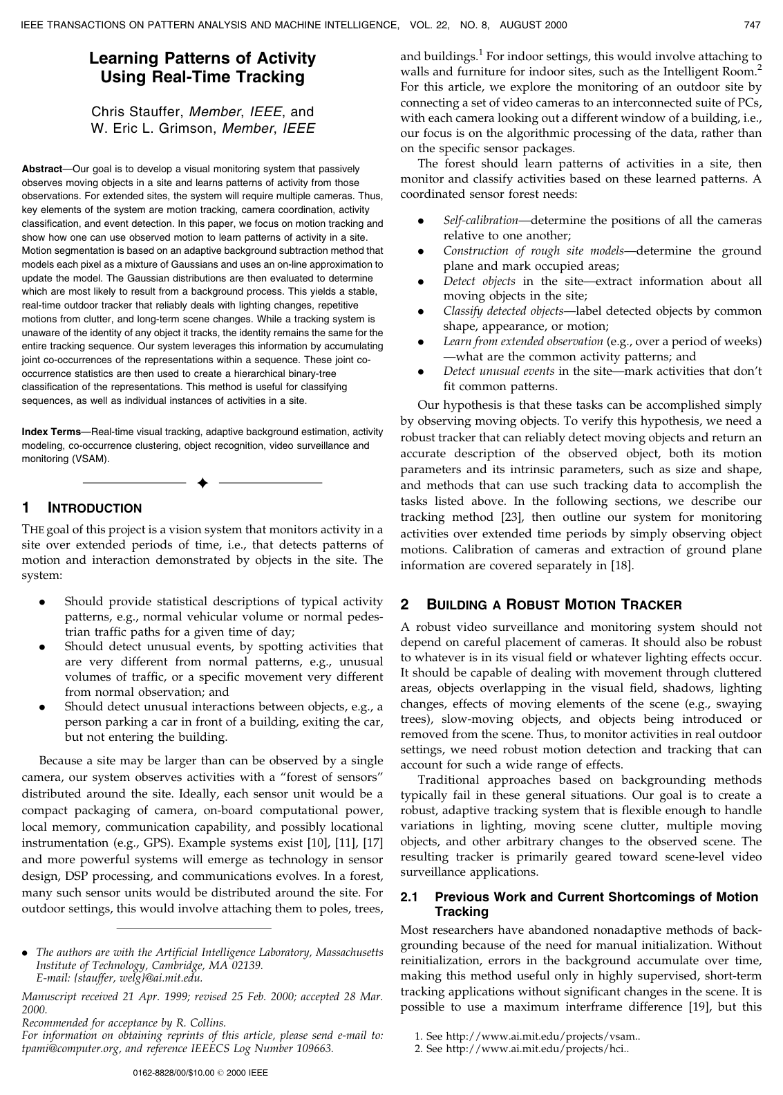 Cover for Learning Patterns of Activity Using Real-Time Tracking