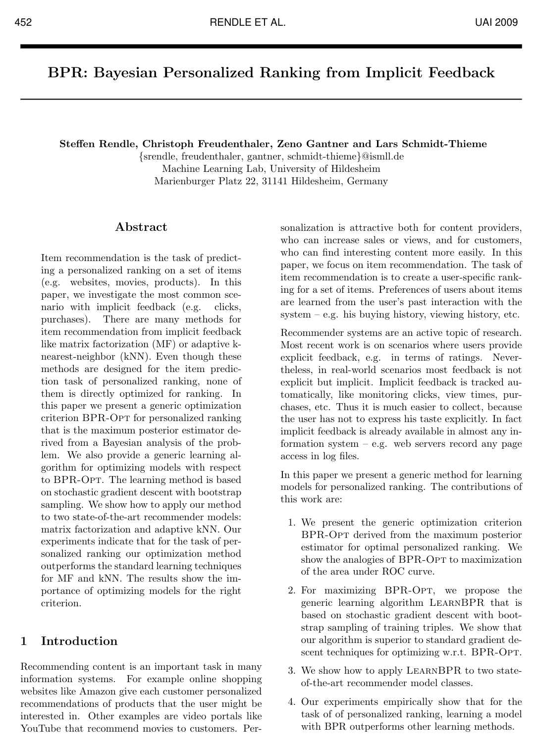 BPR: Bayesian Personalized Ranking from Implicit Feedback