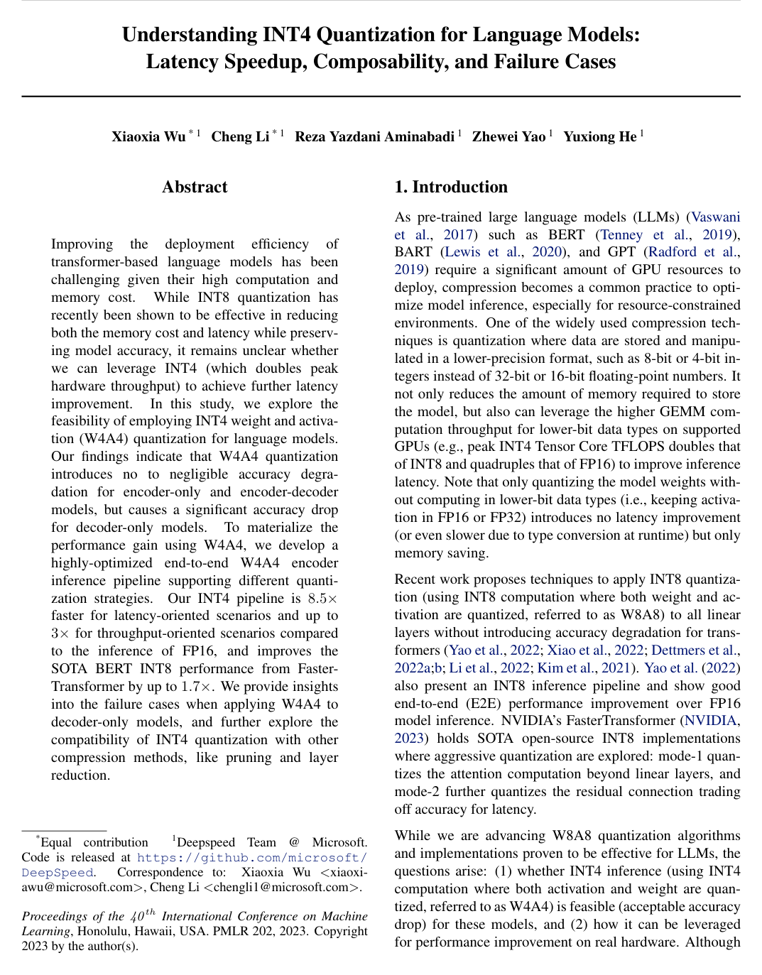 Understanding Int4 Quantization for Language Models: Latency Speedup, Composability, and Failure Cases