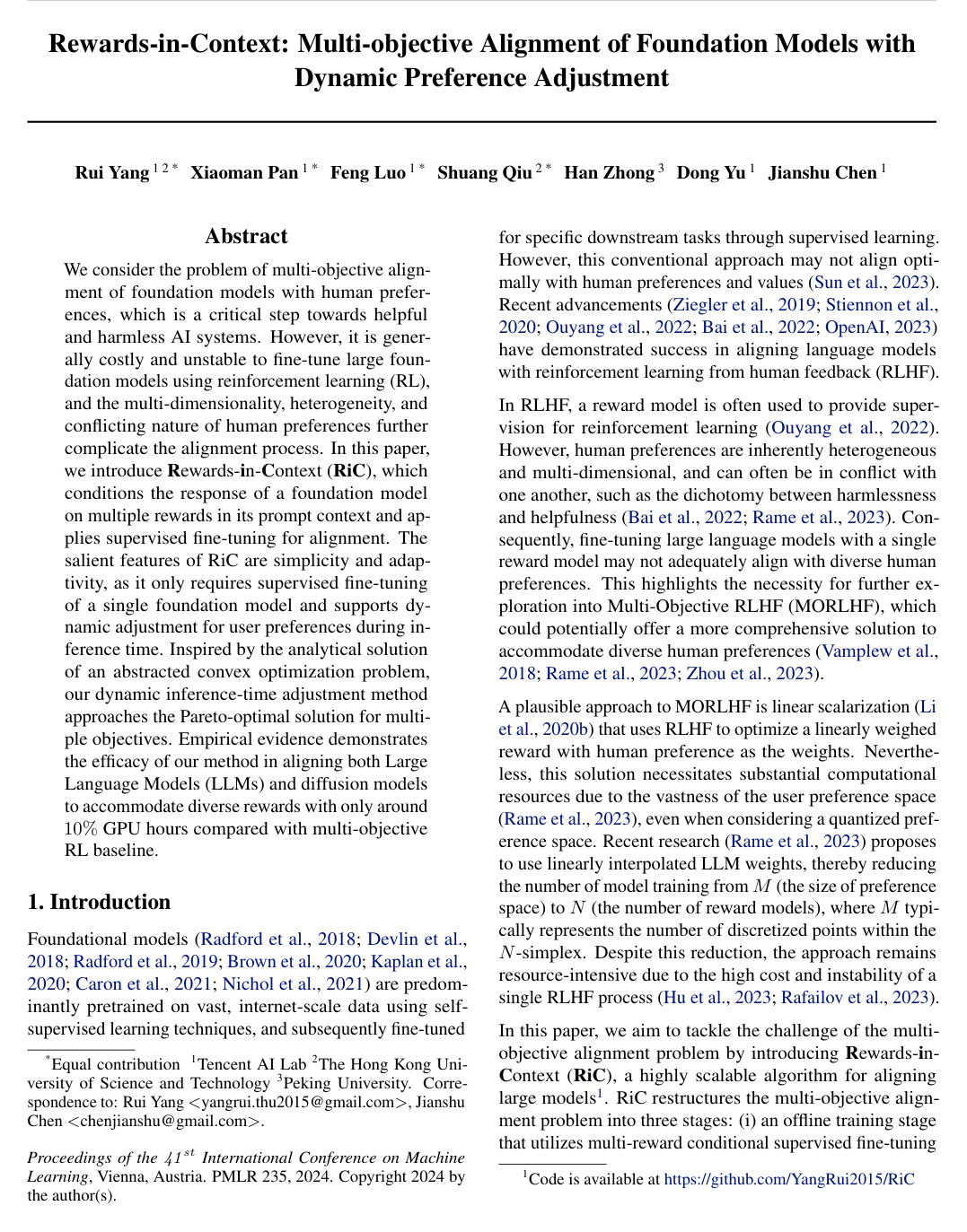 Cover for Rewards-in-Context: Multi-objective Alignment of Foundation Models with Dynamic Preference Adjustment