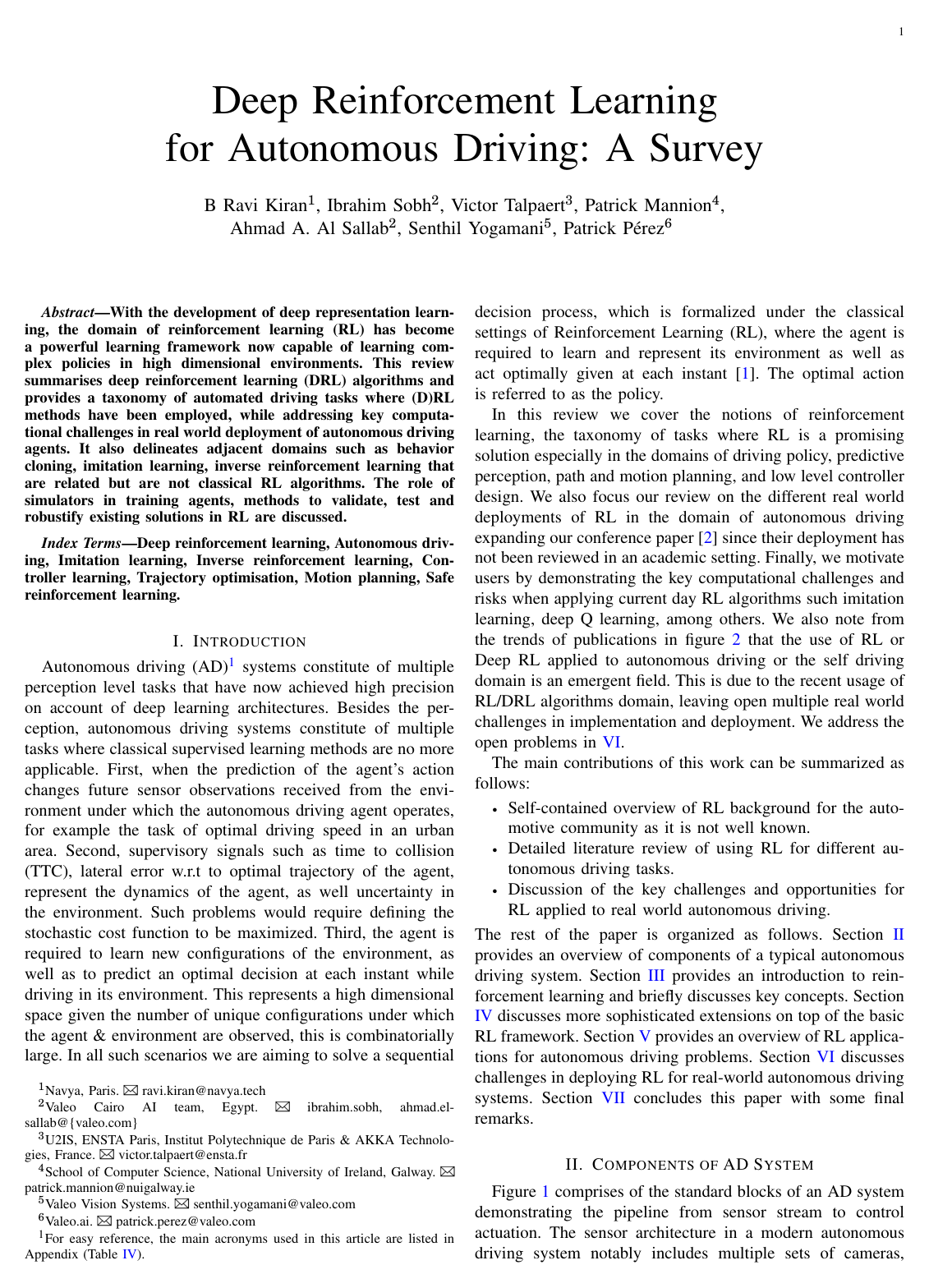Cover for Deep Reinforcement Learning for Autonomous Driving: A Survey