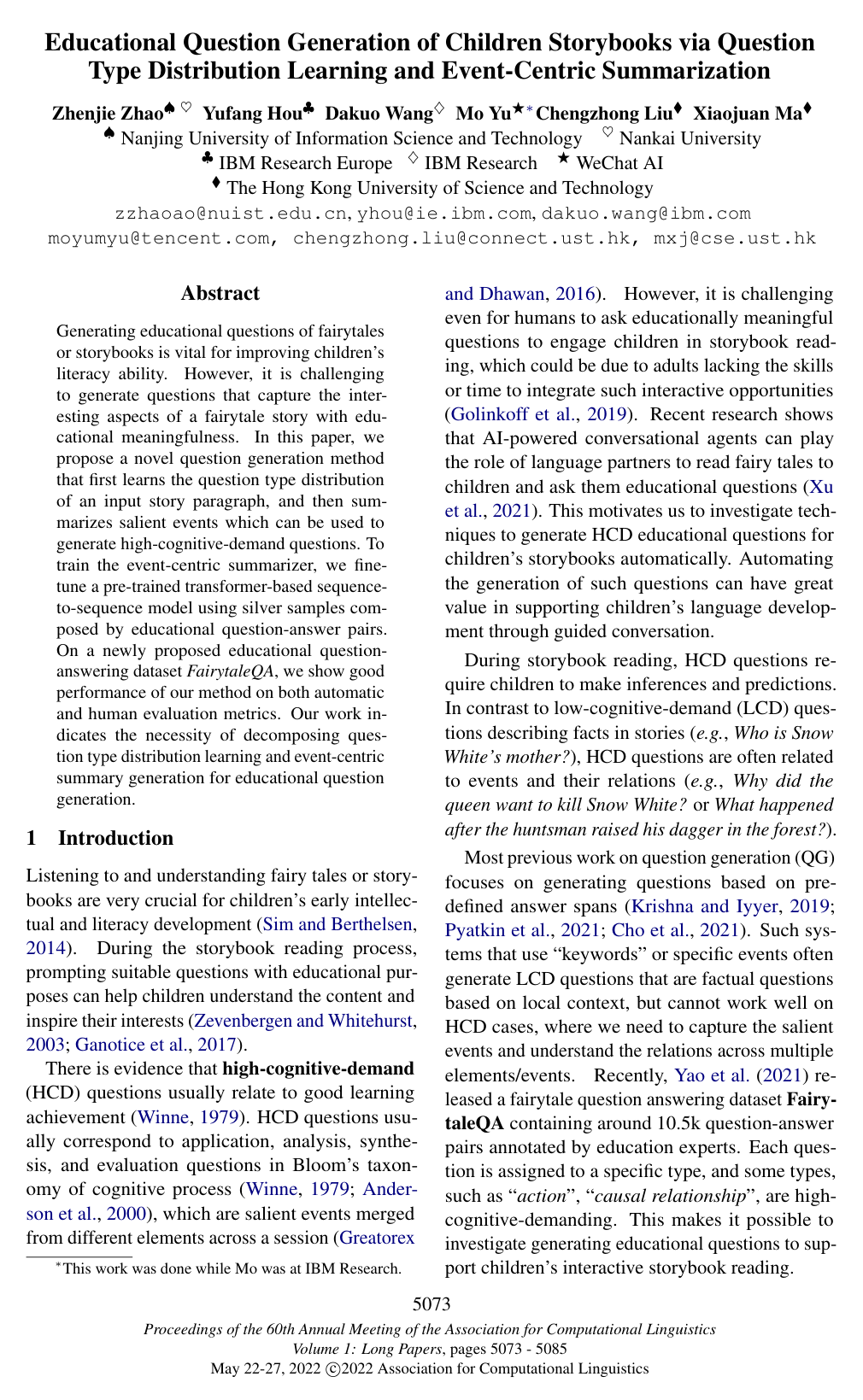 Educational Question Generation of Children Storybooks via Question Type Distribution Learning and Event-centric Summarization