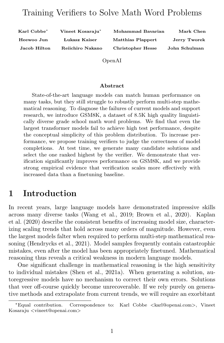 Cover for Training Verifiers to Solve Math Word Problems