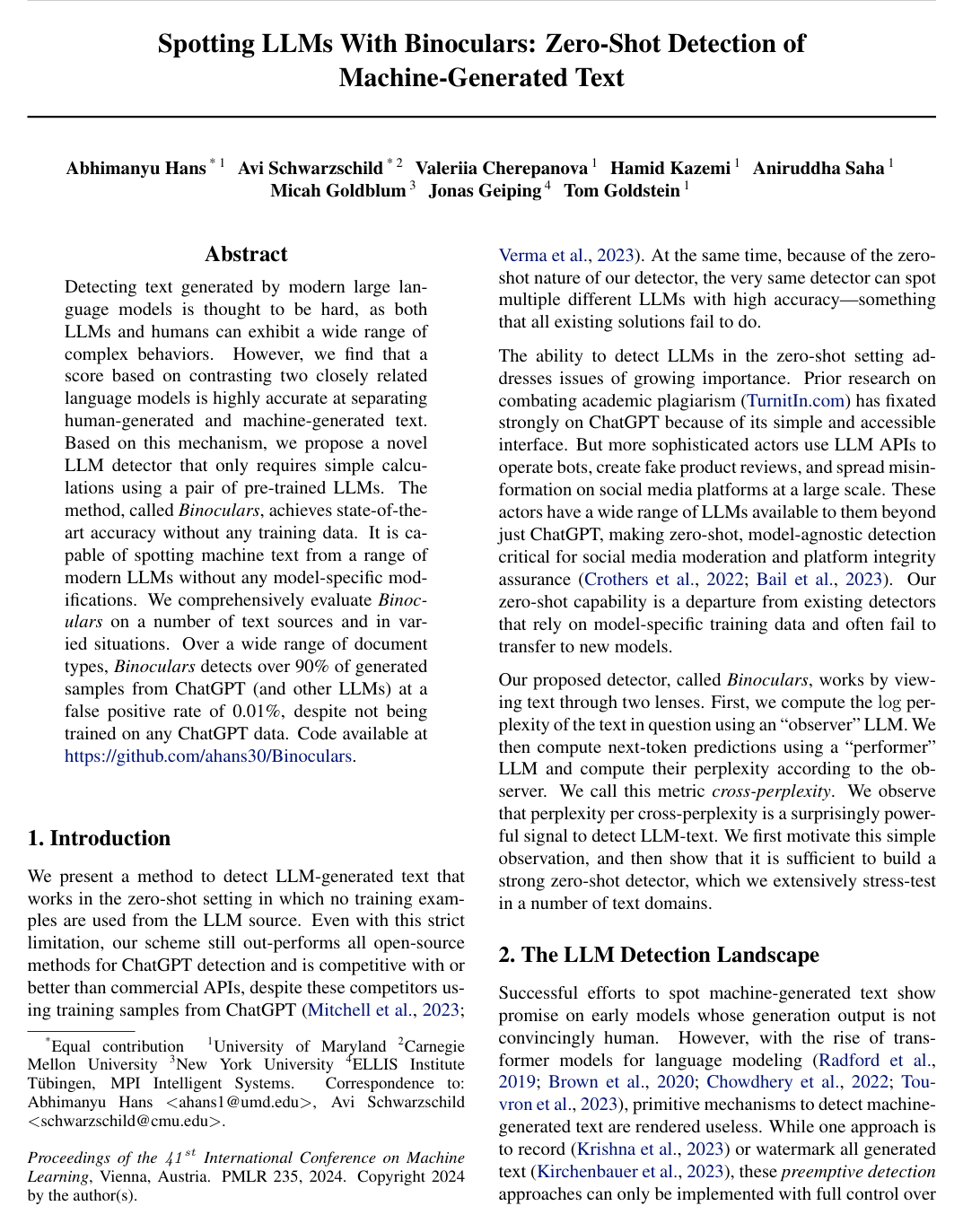 Cover for Spotting LLMs With Binoculars: Zero-Shot Detection of Machine-Generated Text