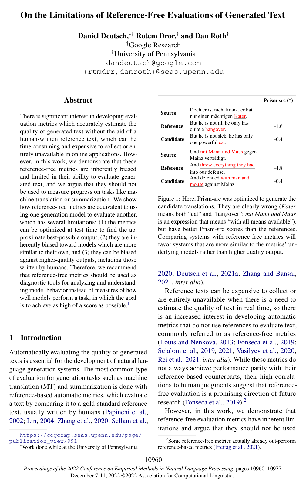 On the Limitations of Reference-Free Evaluations of Generated Text