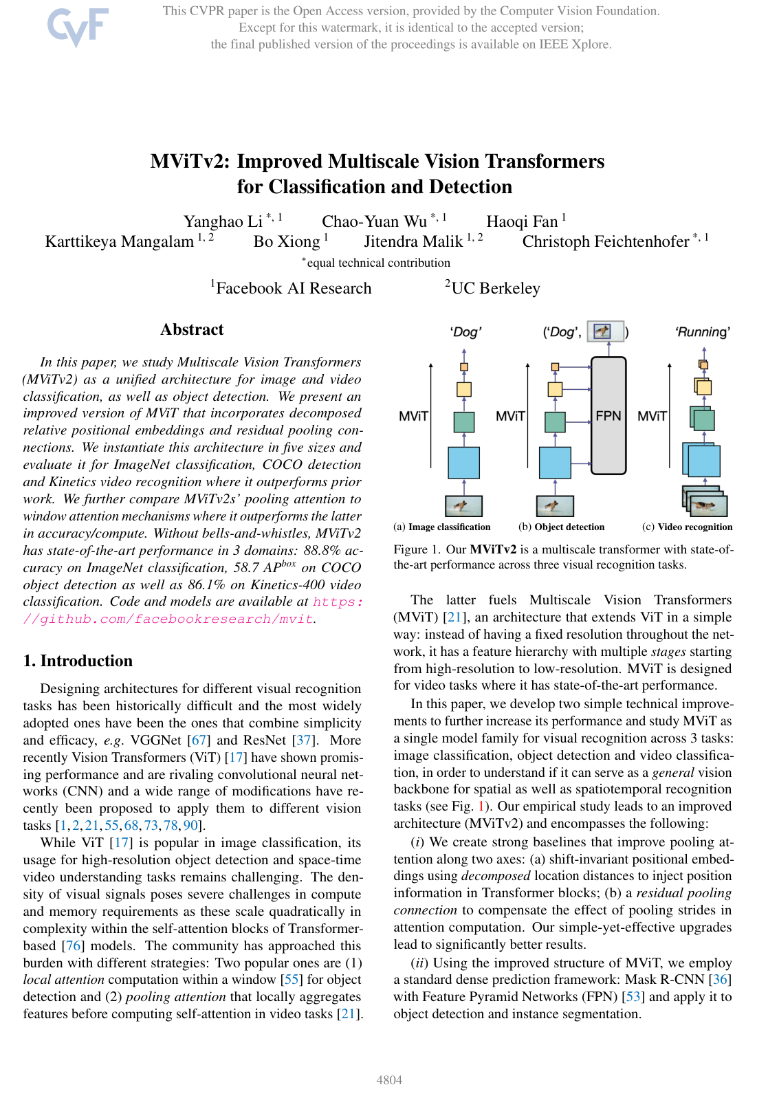 MViTv2: Improved Multiscale Vision Transformers for Classification and Detection