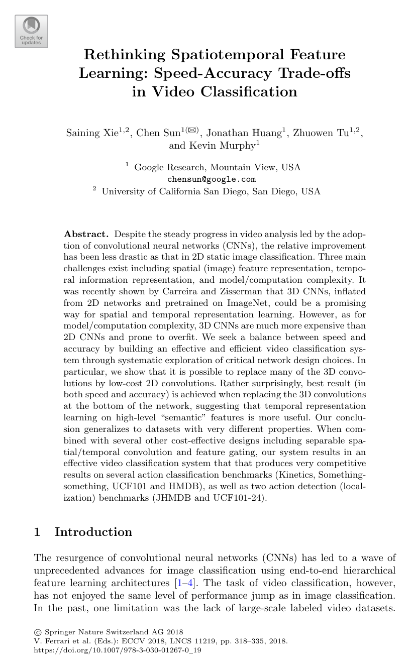 Rethinking Spatiotemporal Feature Learning: Speed-Accuracy Trade-offs in Video Classification