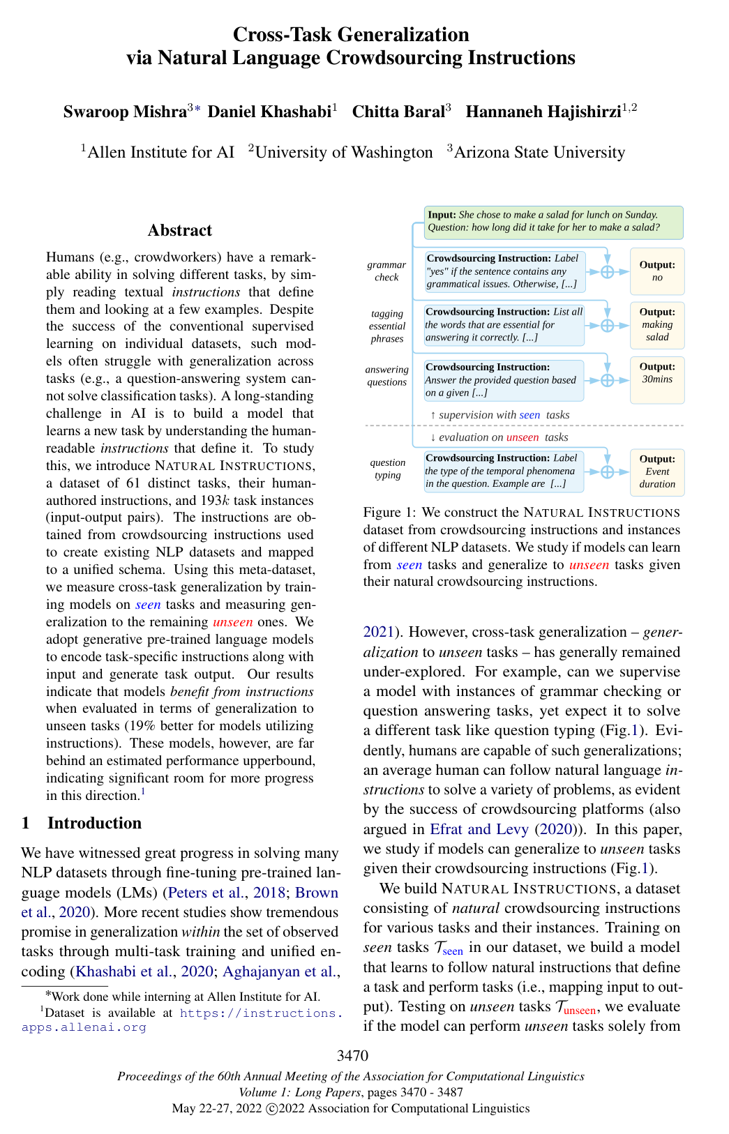 Cross-Task Generalization via Natural Language Crowdsourcing Instructions