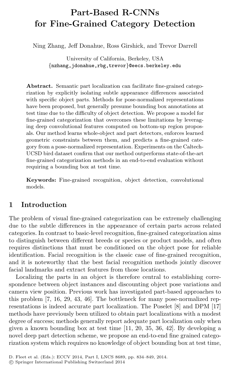 Cover for Part-Based R-CNNs for Fine-Grained Category Detection