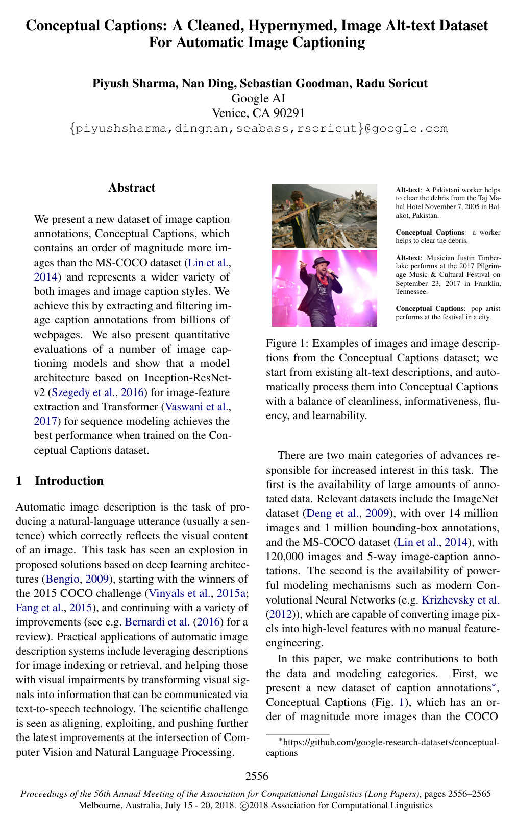 Conceptual Captions: A Cleaned, Hypernymed, Image Alt-text Dataset For Automatic Image Captioning