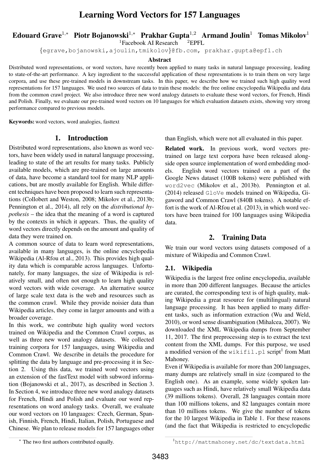 Cover for Learning Word Vectors for 157 Languages