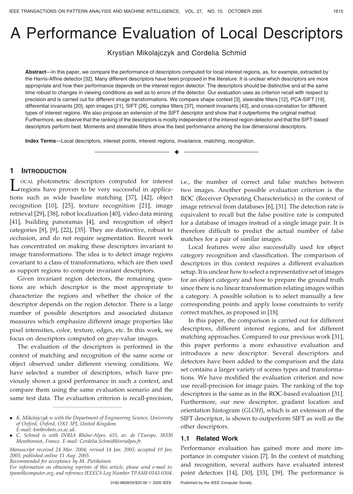 A performance evaluation of local descriptors