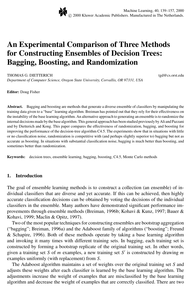 An Experimental Comparison of Three Methods for Constructing Ensembles of Decision Trees: Bagging, Boosting, and Randomization