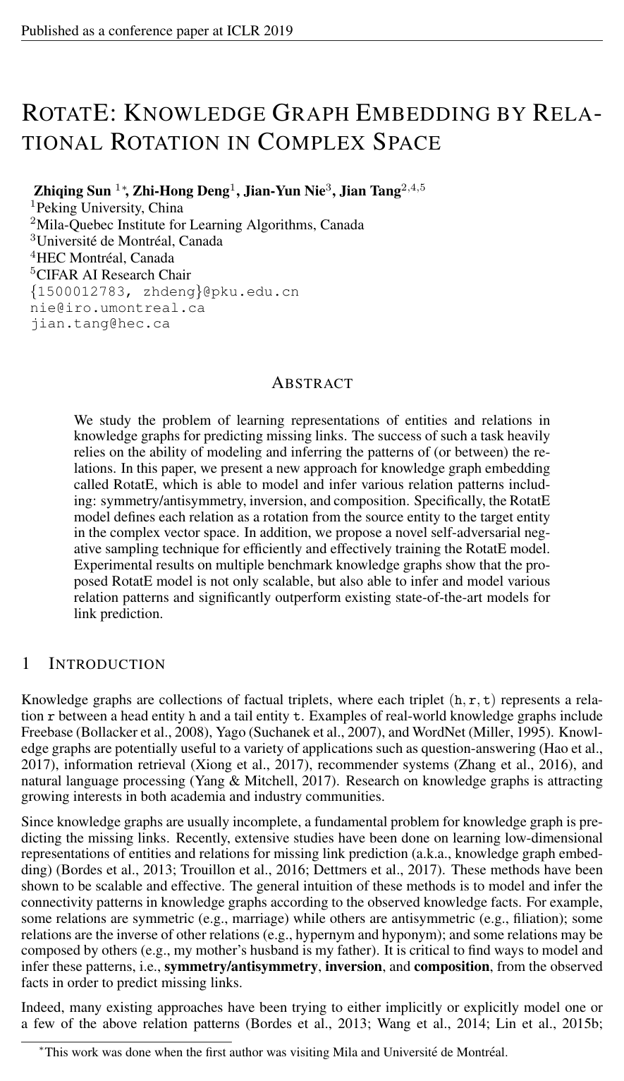 Cover for RotatE: Knowledge Graph Embedding by Relational Rotation in Complex Space