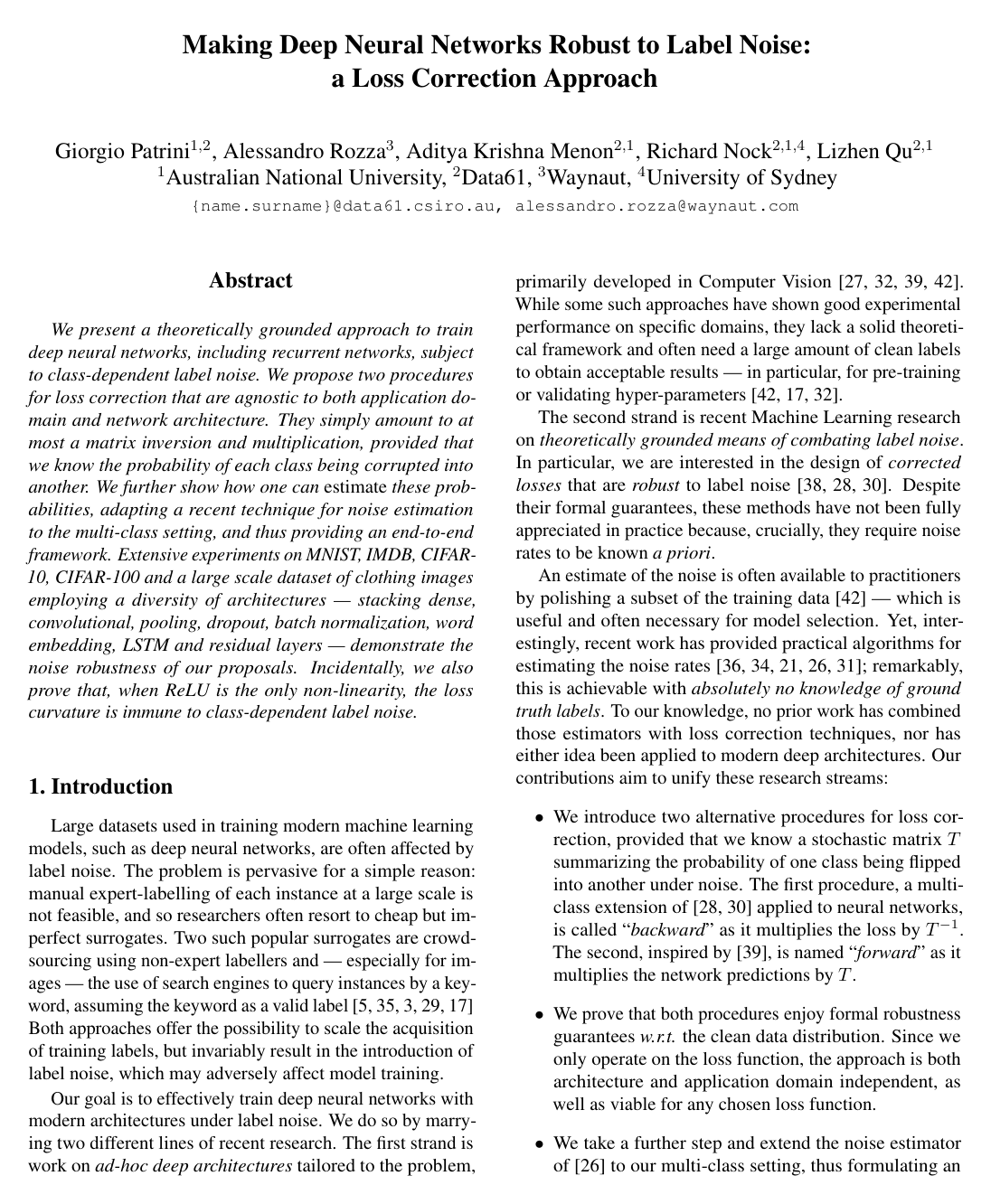 Cover for Making Deep Neural Networks Robust to Label Noise: A Loss Correction Approach