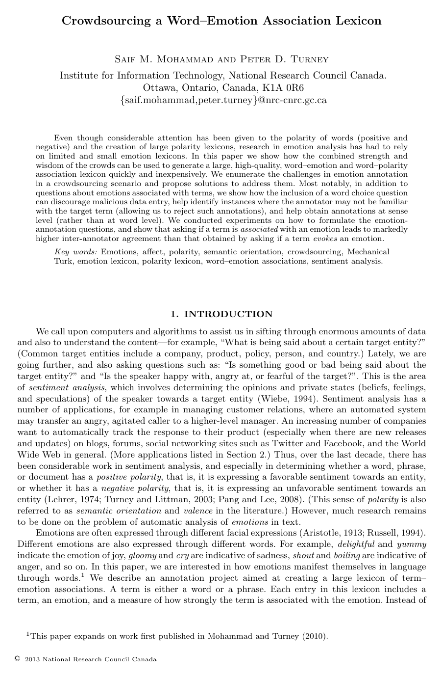 Cover for CROWDSOURCING A WORD–EMOTION ASSOCIATION LEXICON