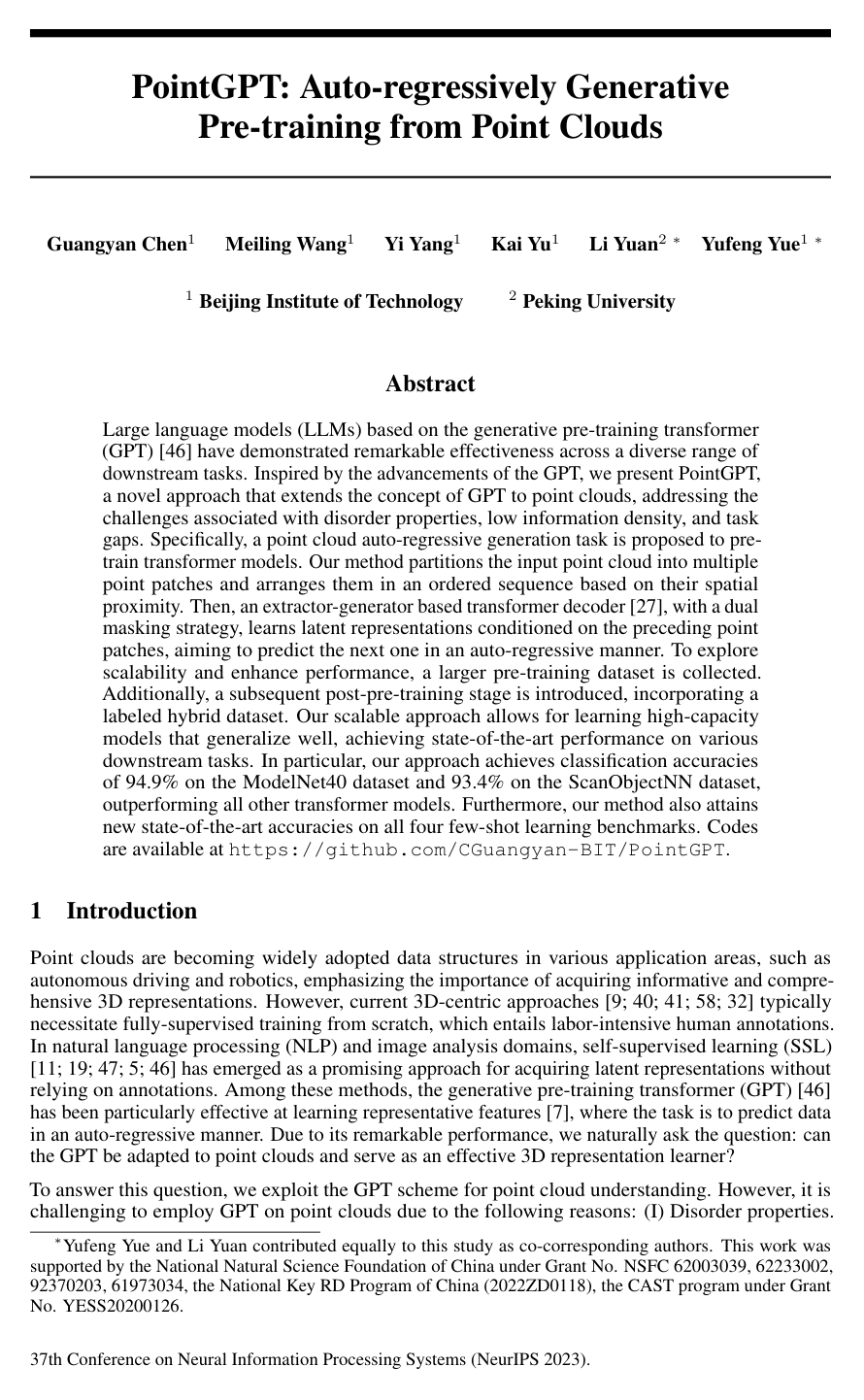 PointGPT: Auto-regressively Generative Pre-training from Point Clouds