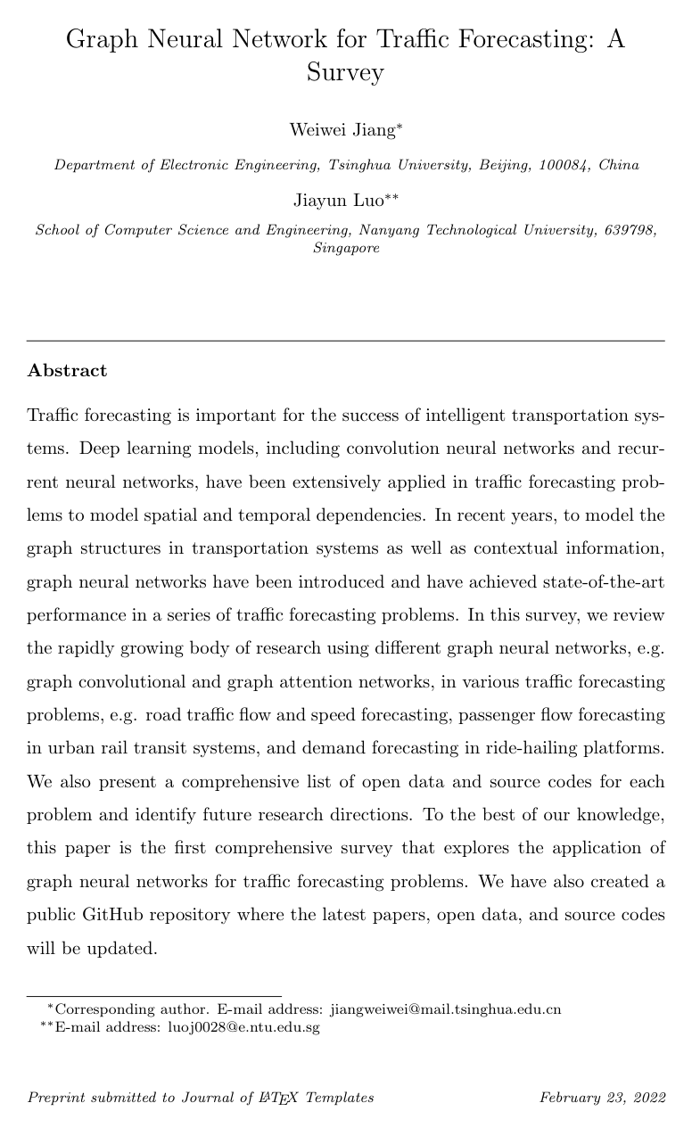 Cover for Graph Neural Network for Traffic Forecasting: A Survey