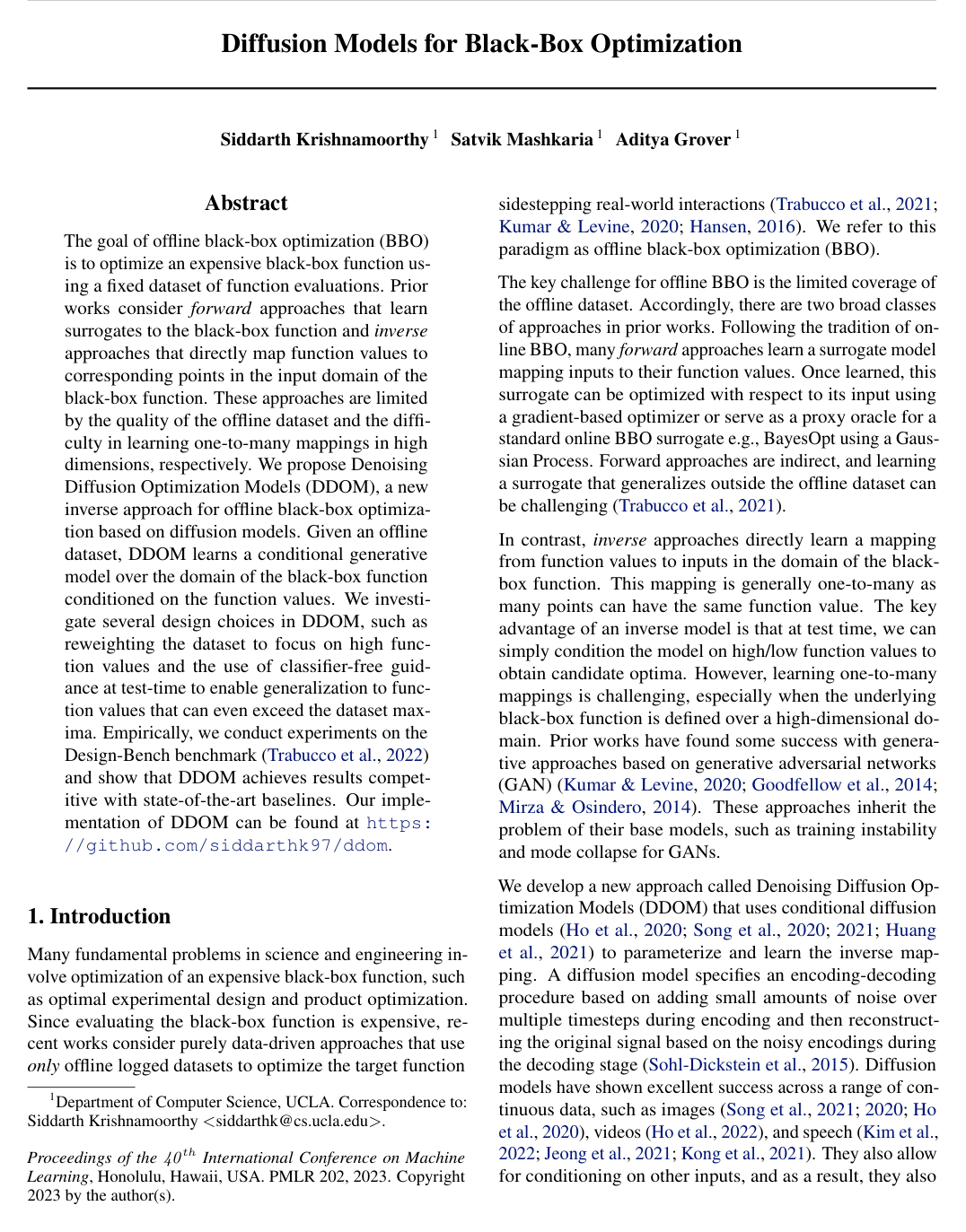 Diffusion Models for Black-Box Optimization