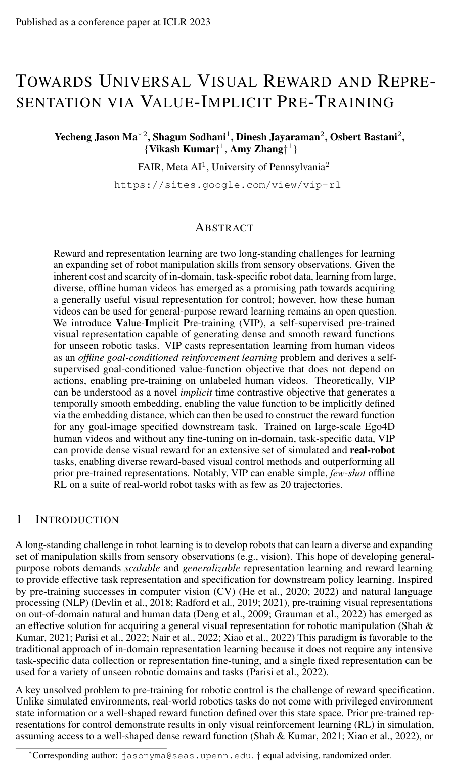 Cover for VIP: Towards Universal Visual Reward and Representation via Value-Implicit Pre-Training