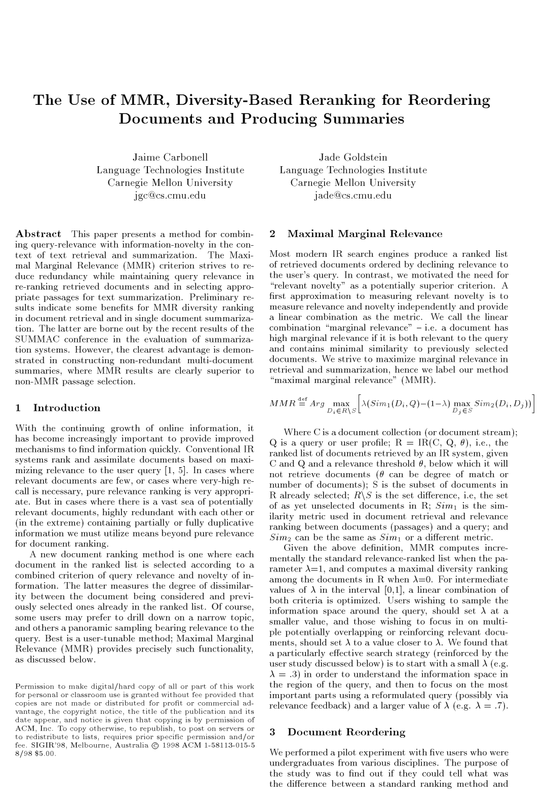 Cover for The use of MMR, diversity-based reranking for reordering documents and producing summaries
