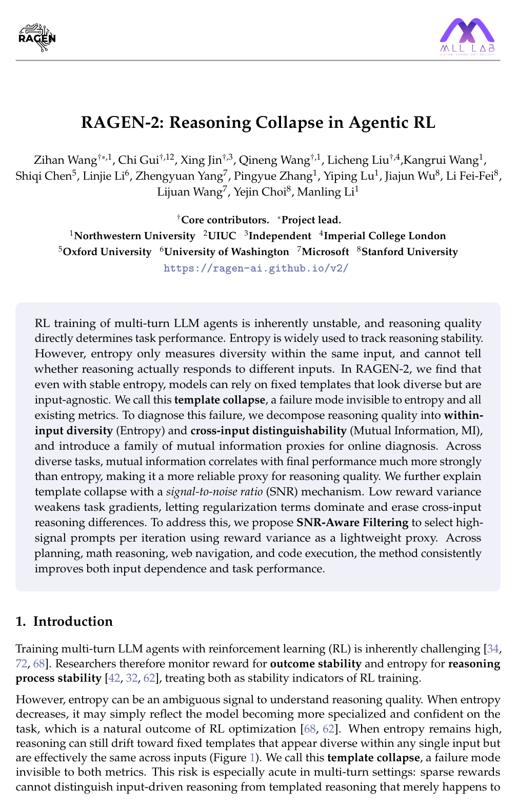 Cover for RAGEN-2: Reasoning Collapse in Agentic RL