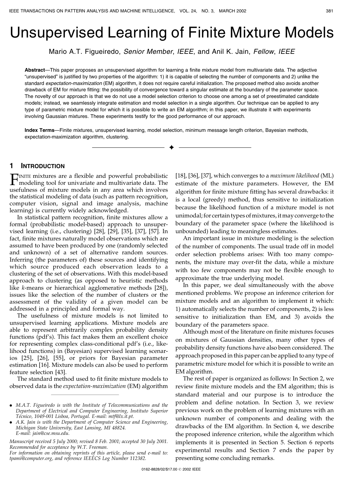 Cover for Unsupervised Learning of Finite Mixture Models