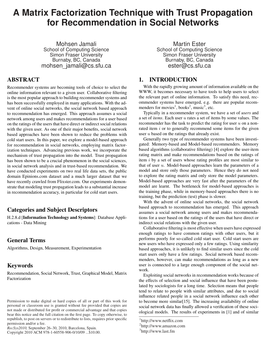 Cover for A matrix factorization technique with trust propagation for recommendation in social networks