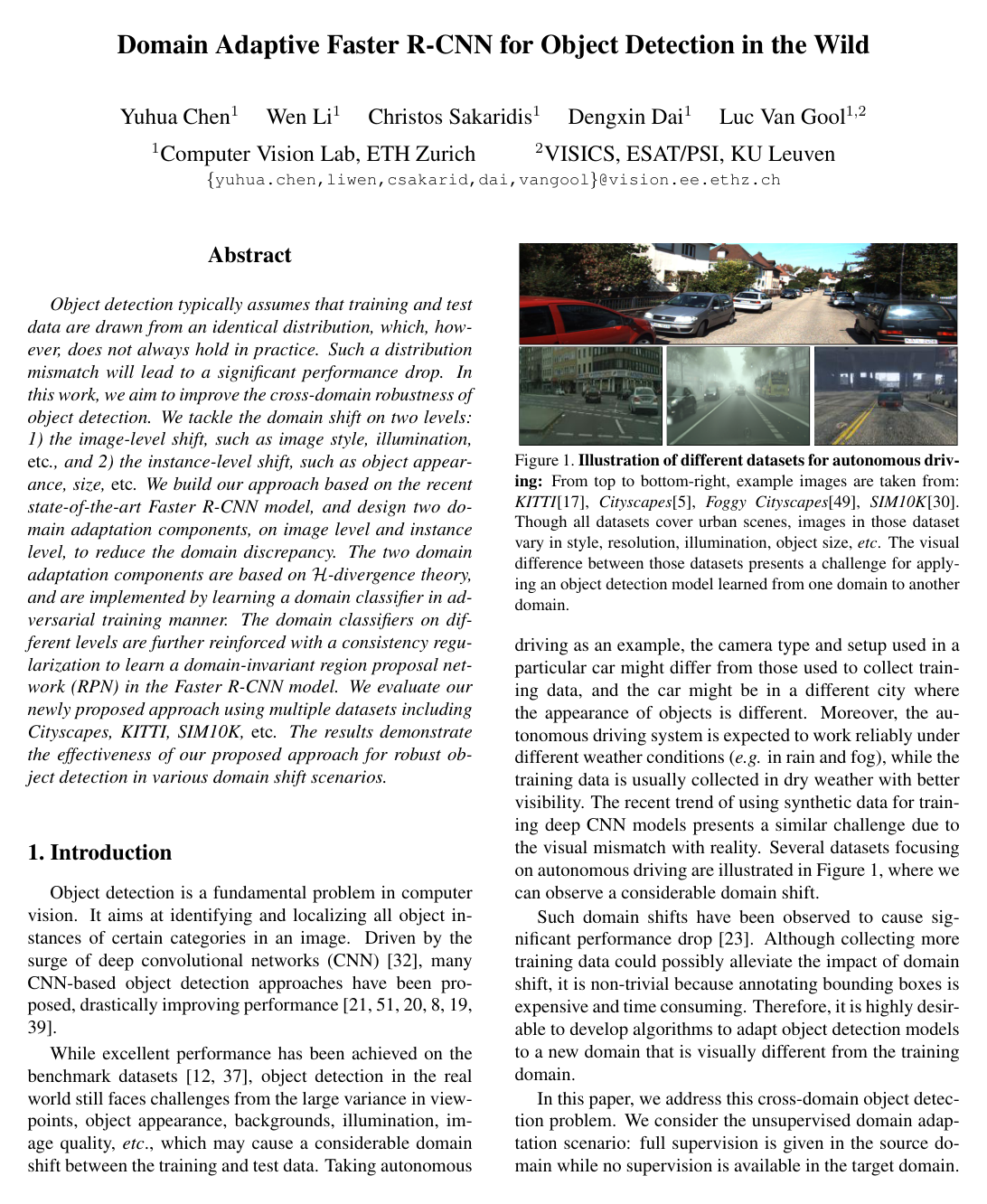Domain Adaptive Faster R-CNN for Object Detection in the Wild