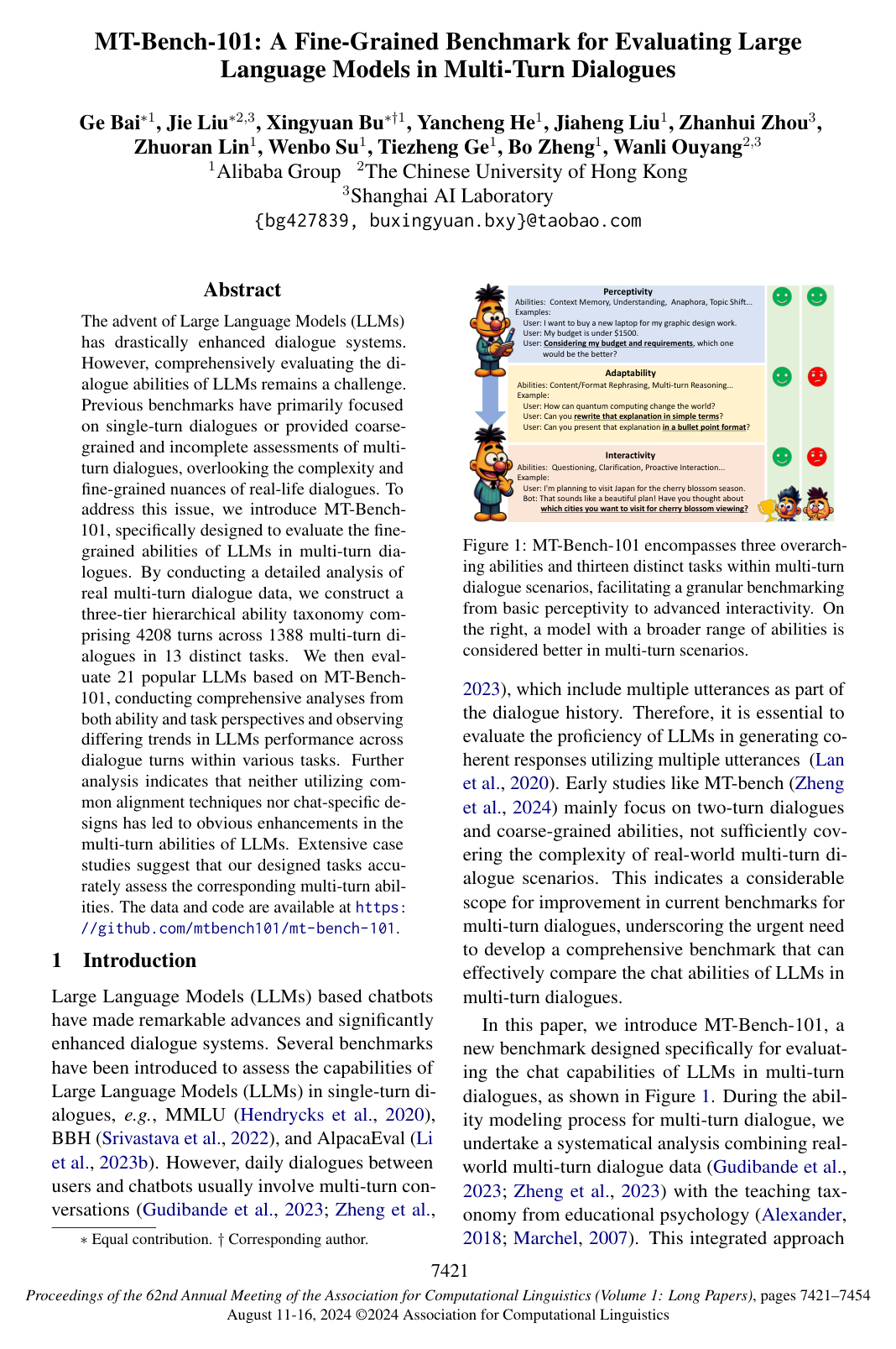 Cover for MT-Bench-101: A Fine-Grained Benchmark for Evaluating Large Language Models in Multi-Turn Dialogues