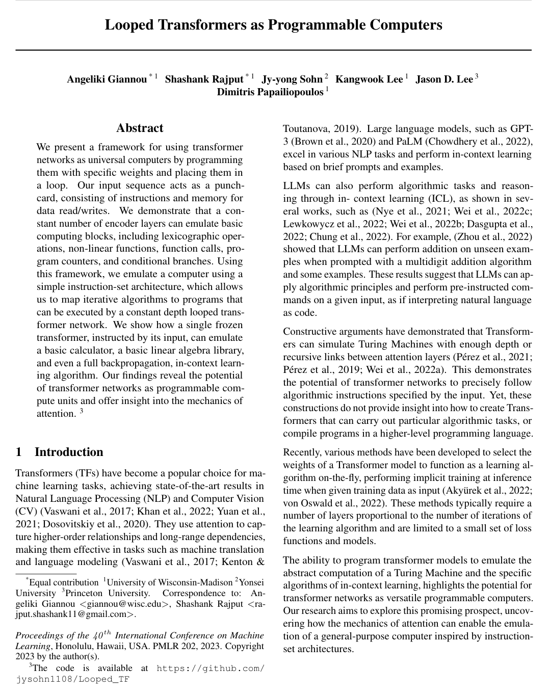 Looped Transformers as Programmable Computers