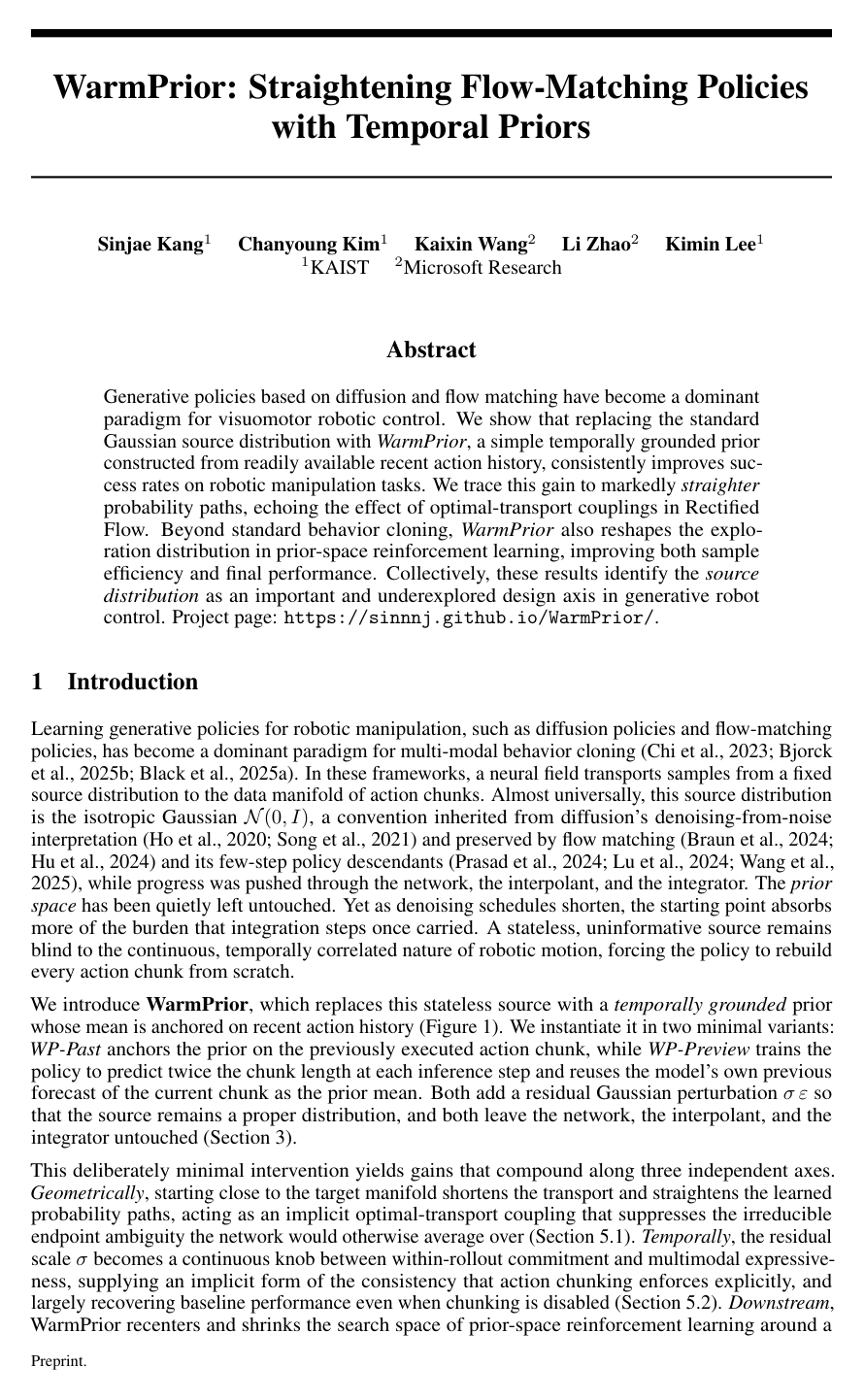 WarmPrior: Straightening Flow-Matching Policies with Temporal Priors