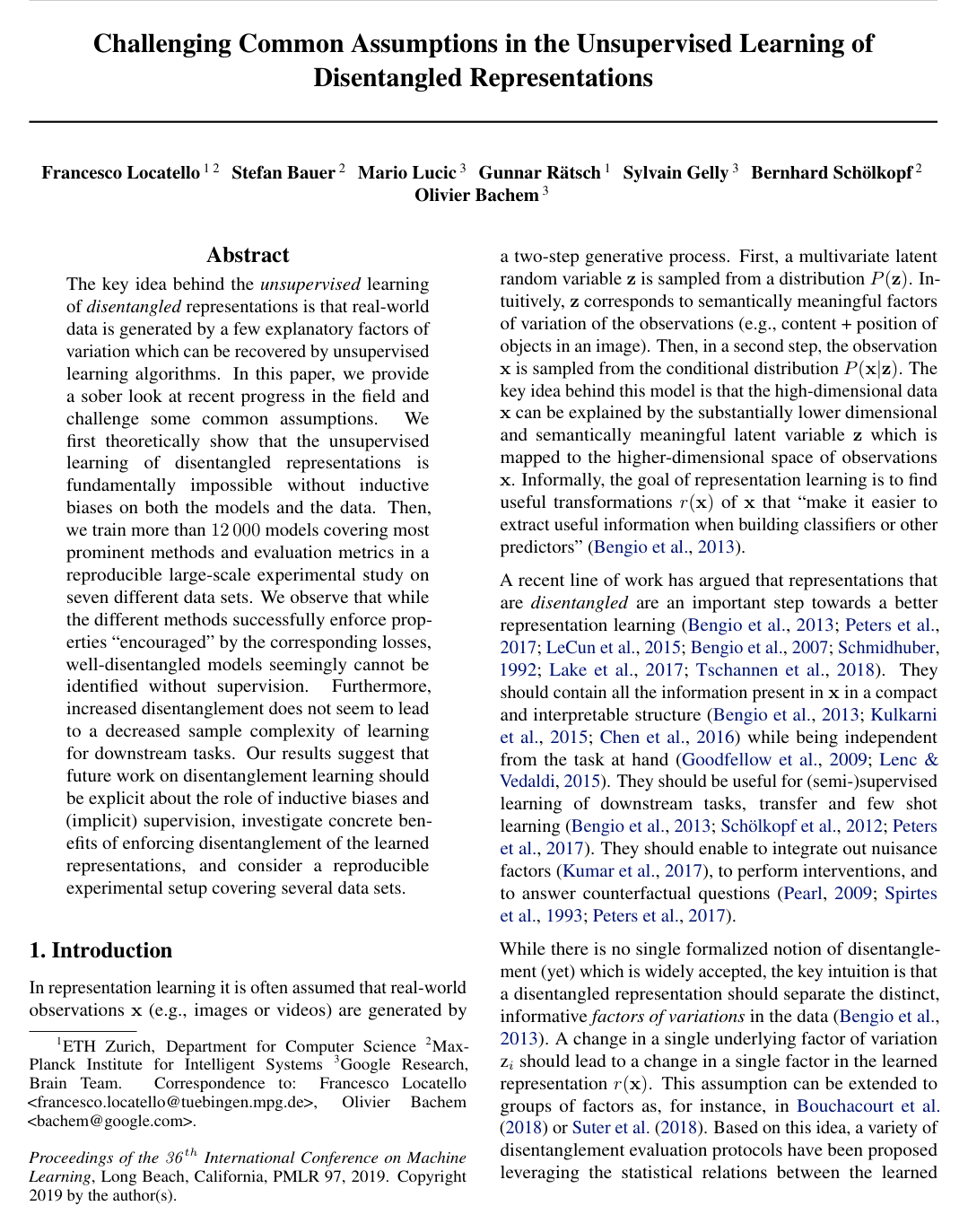 Cover for Challenging Common Assumptions in the Unsupervised Learning of Disentangled Representations