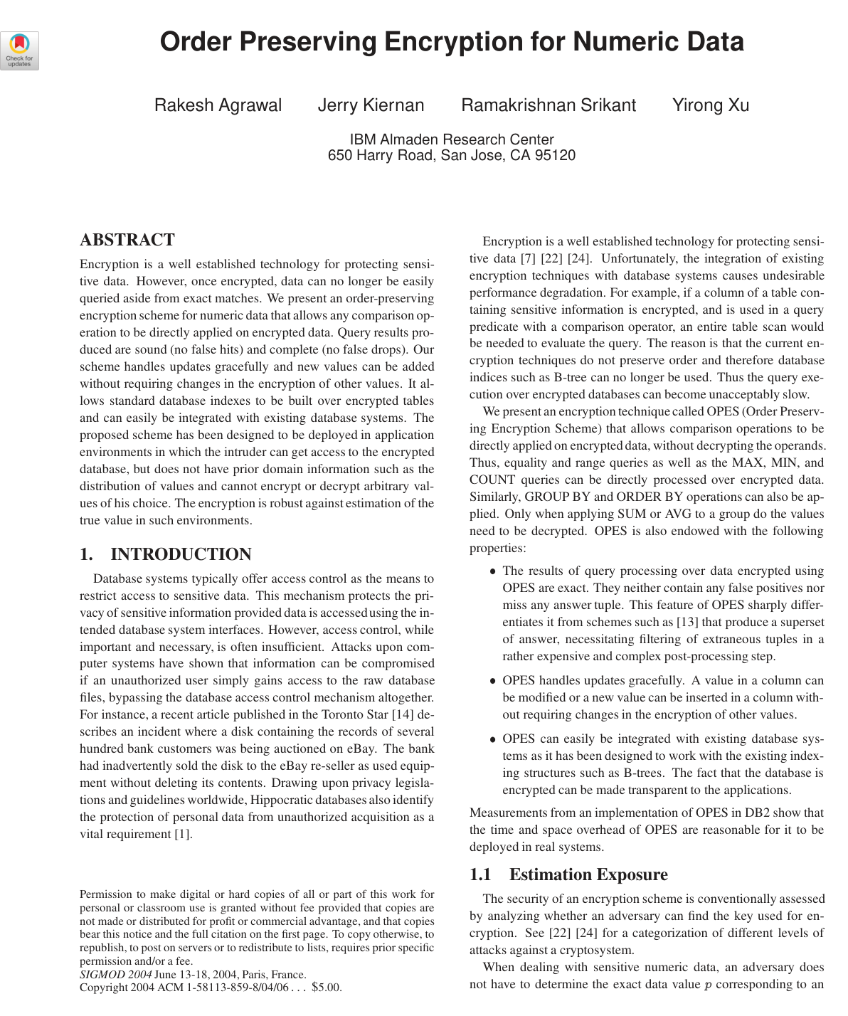 Cover for Order preserving encryption for numeric data