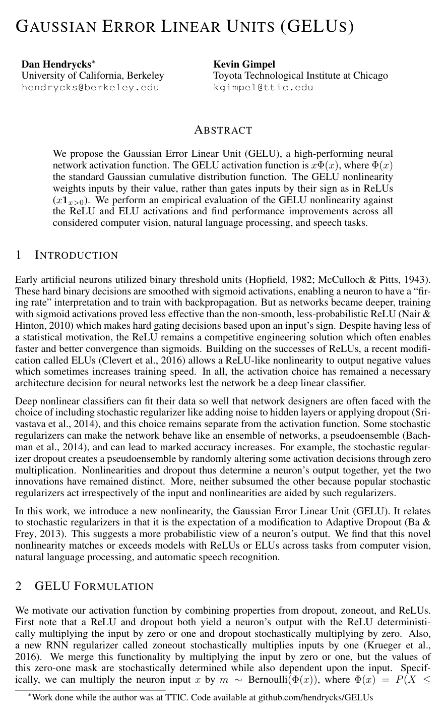 Cover for Gaussian Error Linear Units (GELUs)