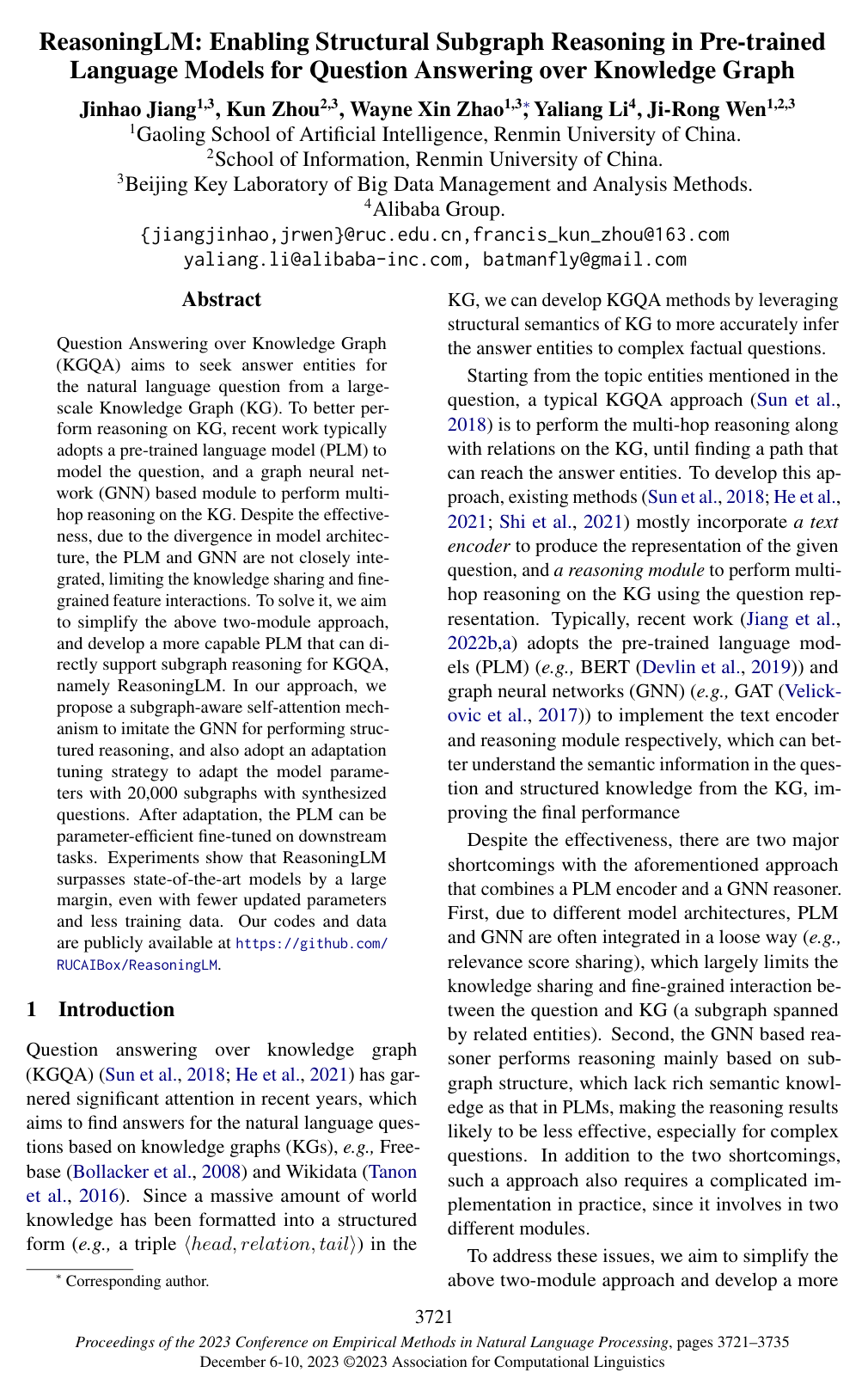 ReasoningLM: Enabling Structural Subgraph Reasoning in Pre-trained Language Models for Question Answering over Knowledge Graph