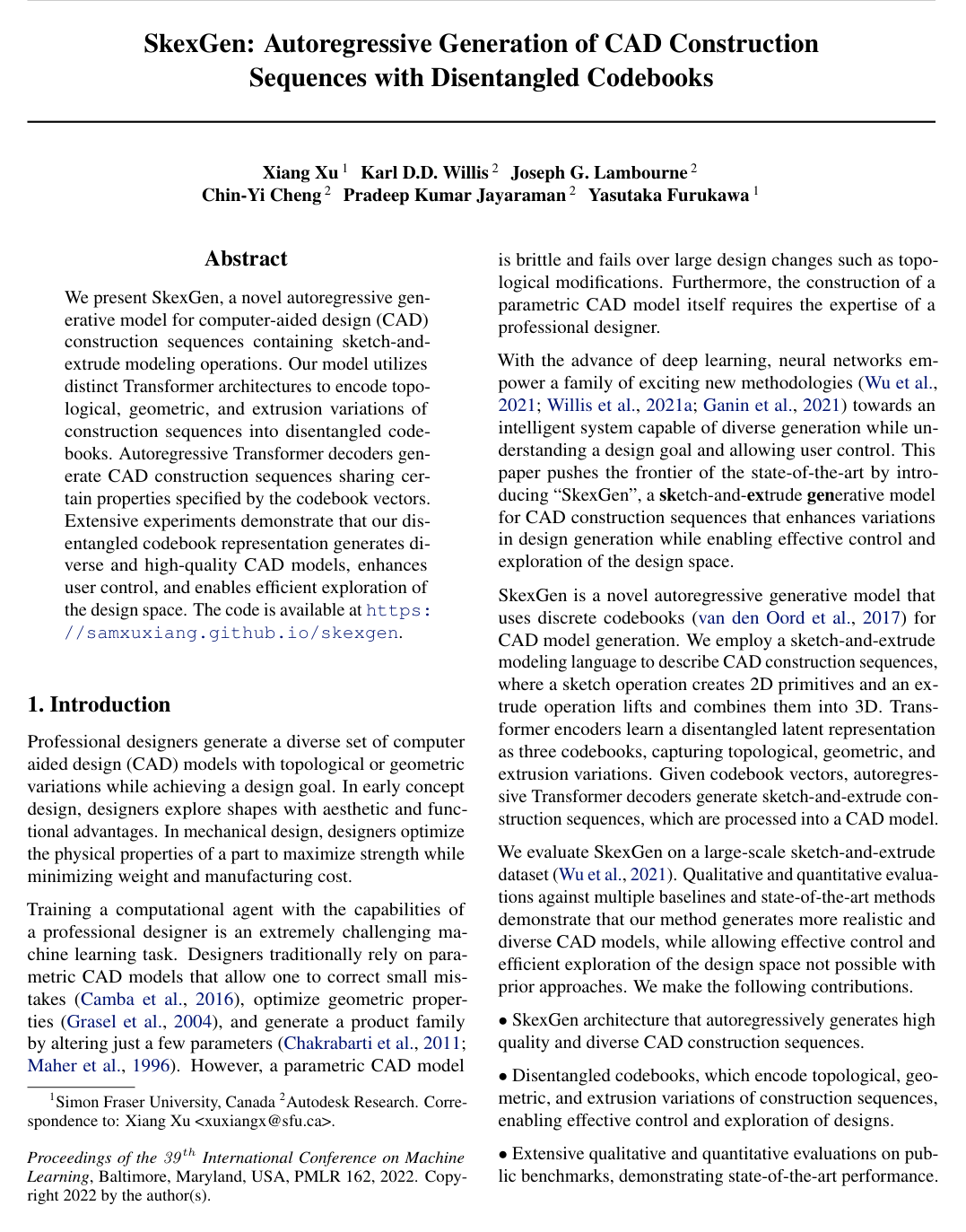 SkexGen: Autoregressive Generation of CAD Construction Sequences with Disentangled Codebooks