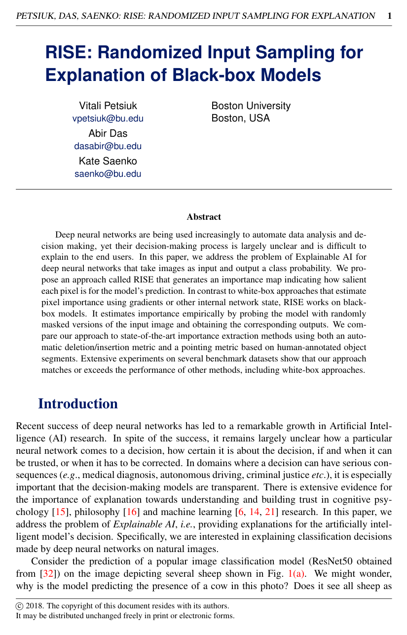 Cover for RISE: Randomized Input Sampling for Explanation of Black-box Models