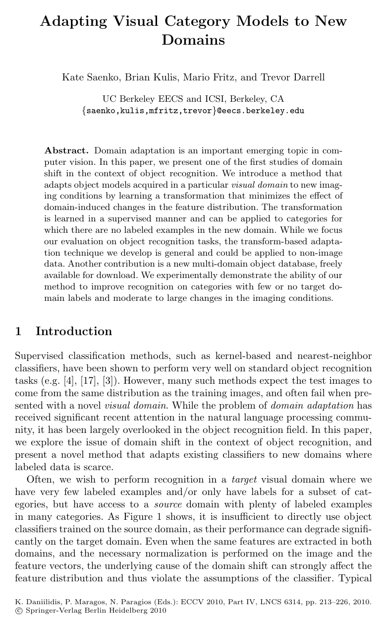 Cover for Adapting Visual Category Models to New Domains