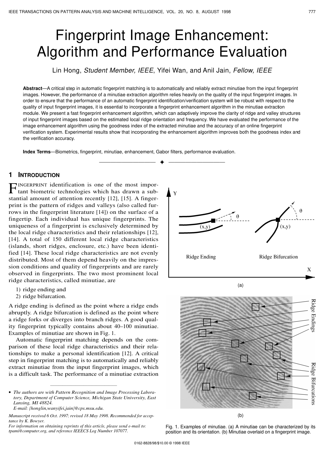 Cover for Fingerprint Image Enhancement: Algorithm and Performance Evaluation