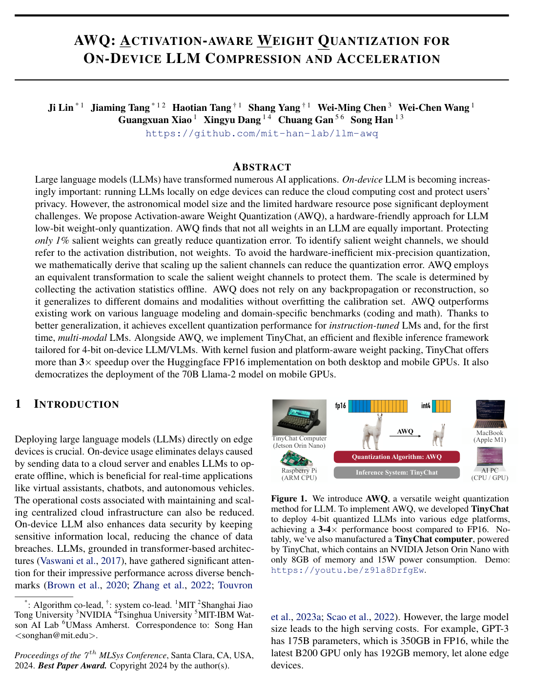 AWQ: Activation-aware Weight Quantization for On-Device LLM Compression and Acceleration