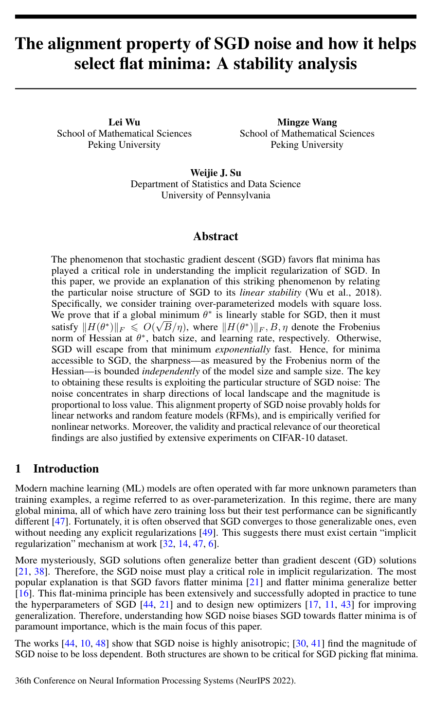 The alignment property of SGD noise and how it helps select flat minima: A stability analysis