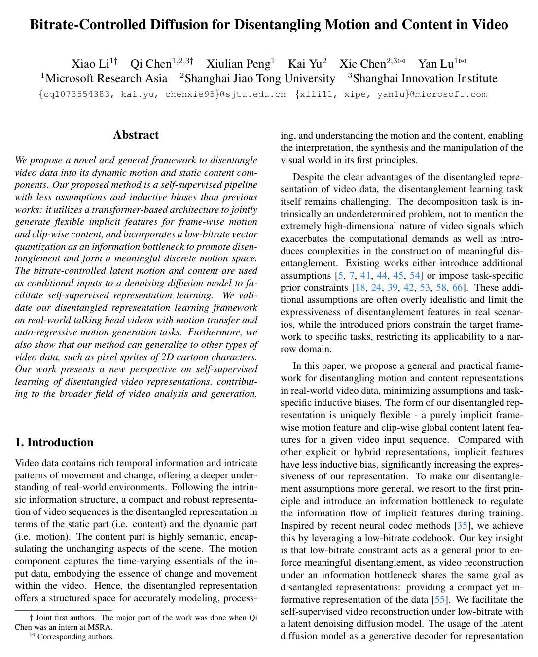 Bitrate-Controlled Diffusion for Disentangling Motion and Content in Video